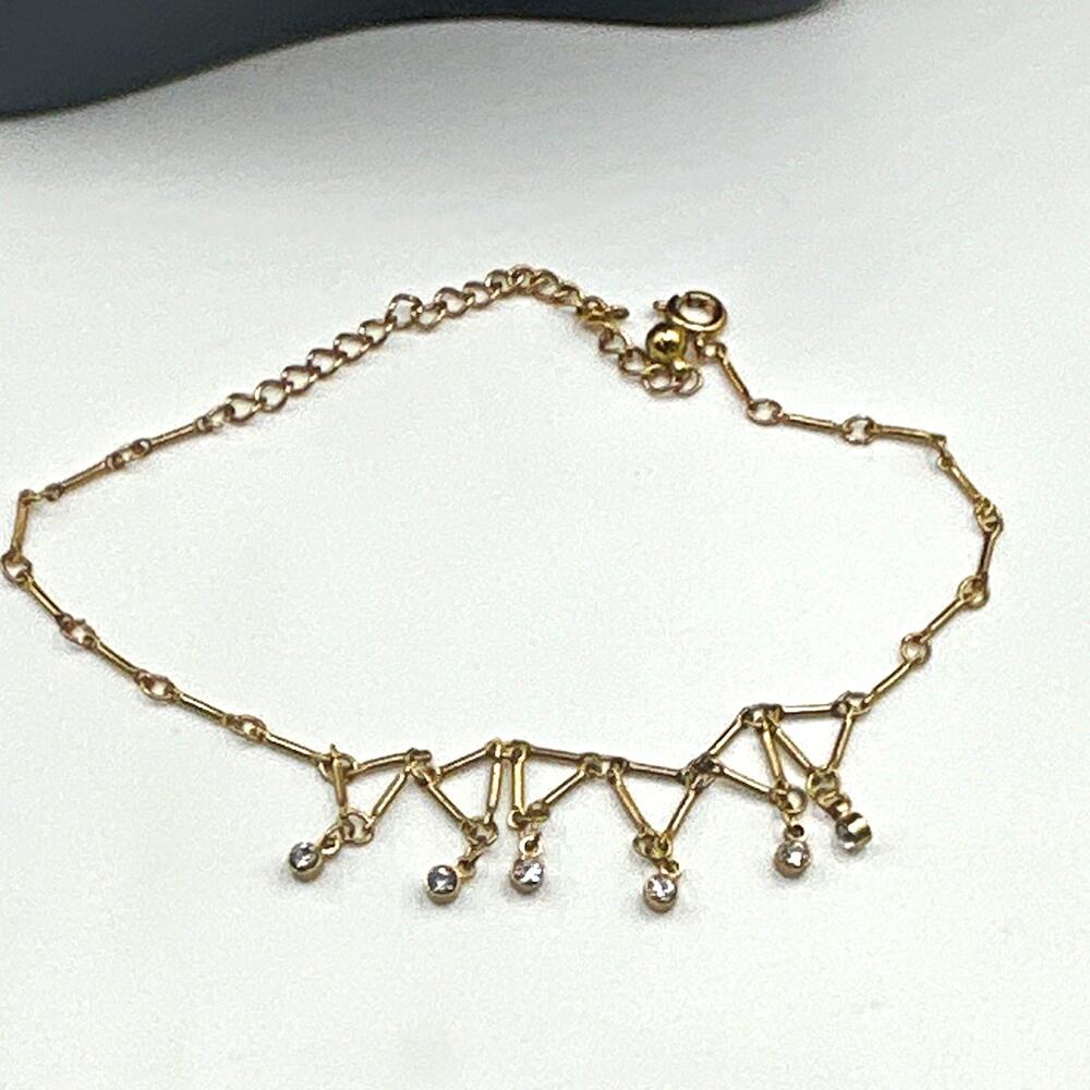 Vintage Gold Tone Adjustable Chain Anklet With Dangle Drop Rhinestones